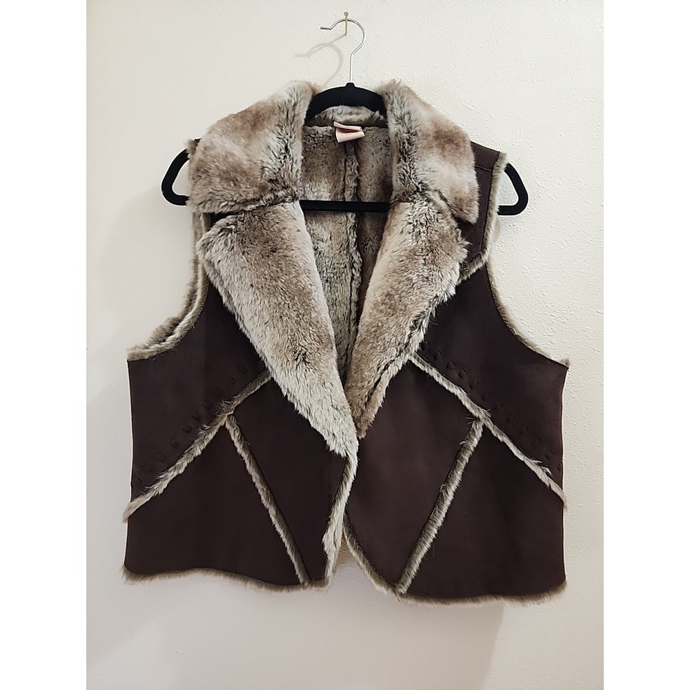 Faux Fur Patchwork Dark Faux Leather Womens Vest Boho Costume Hippy Size L